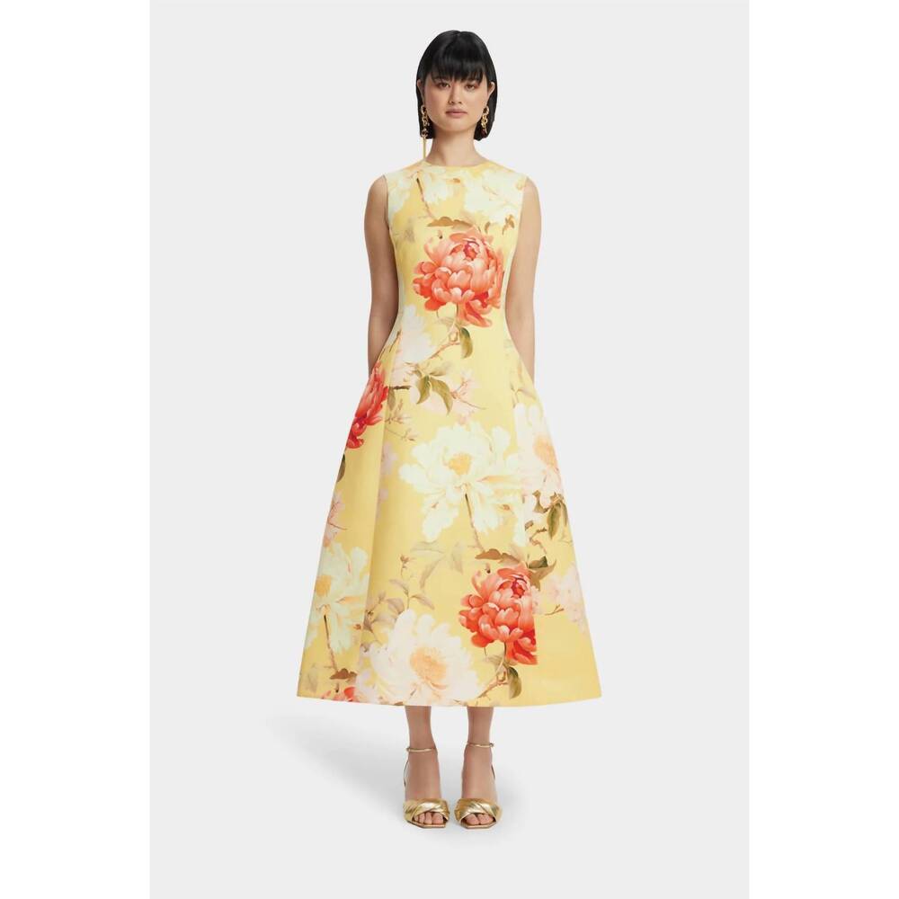 NEW LEO LIN cleo sleeveless midi dress in peony print in yellow